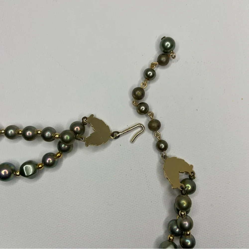 Vintage Japanese Double Strand Chunky Green and Gold Large Beaded Necklace - Picture 7 of 9